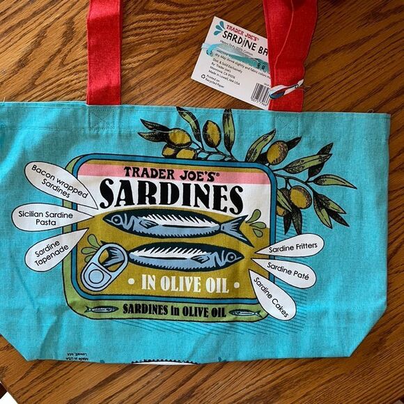 Trader Joe’s Limited Edition Reusable Canvas Bag Turquoise Blue Sardines - Picture 1 of 9